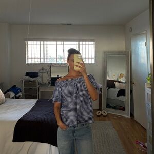 J-Crew Gingham Off-Shoulder Top in Navy and White